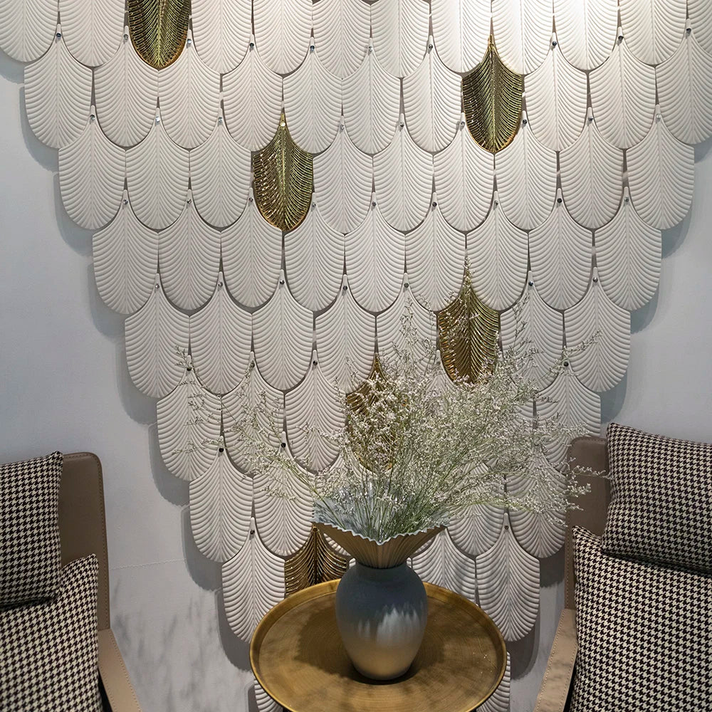 Merlin Living Italian Gold Luxury Modern Home Decor White Porcelain Leaf Shape Ceramic Wall Hanging Art Plant Modern Living Room