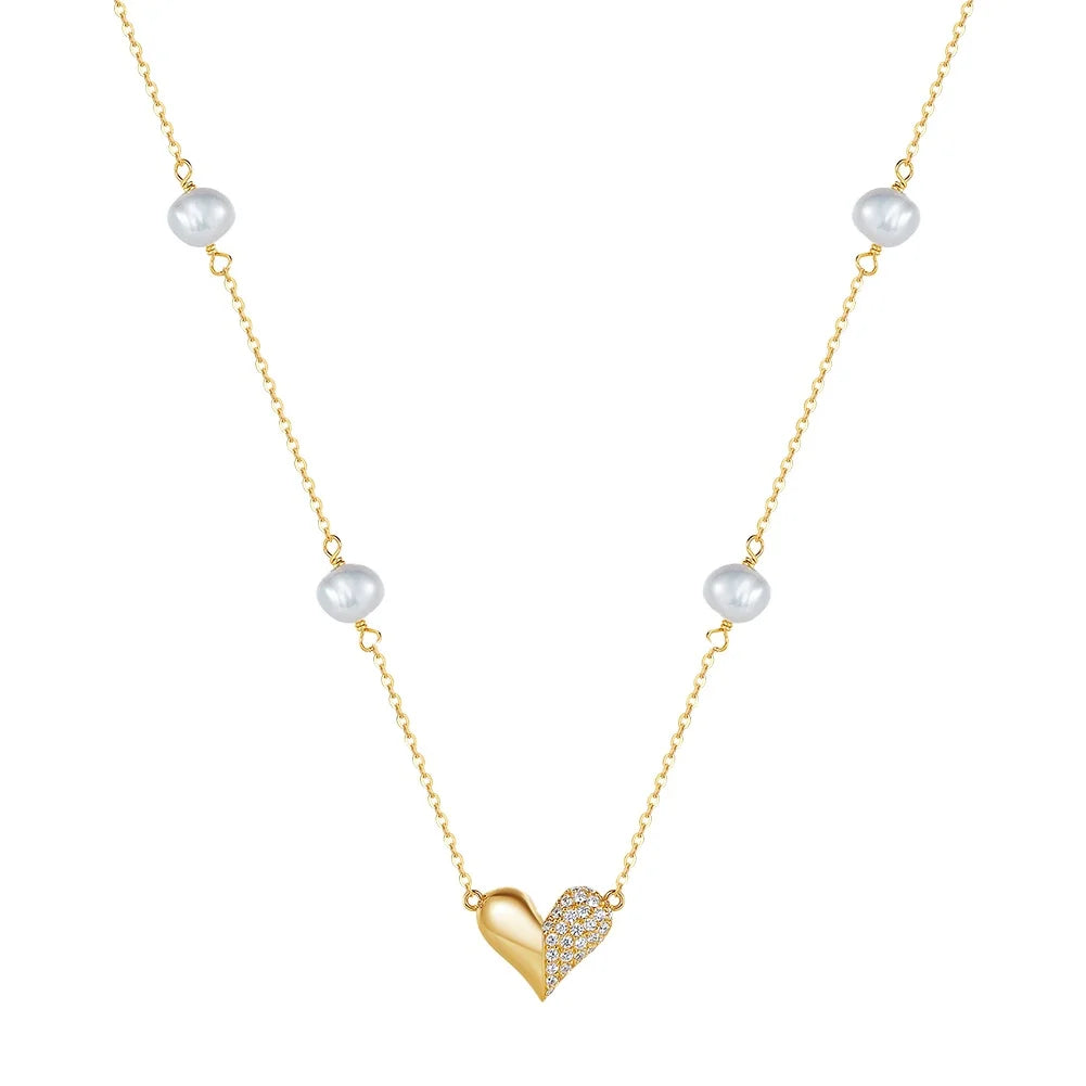 RINNTIN GPN66 925 Sterling Silver Zircon Heart Pendant Necklace Fine Jewelry Necklace Fresh Water Pearl Heart Charm Necklace