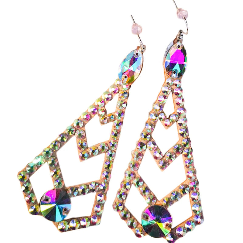 Handmade Trendy Double Sided Sparkling Diamond Rhinestone Hook Design Drop Pendant Earrings for Women's Dance Party Show Jewelry