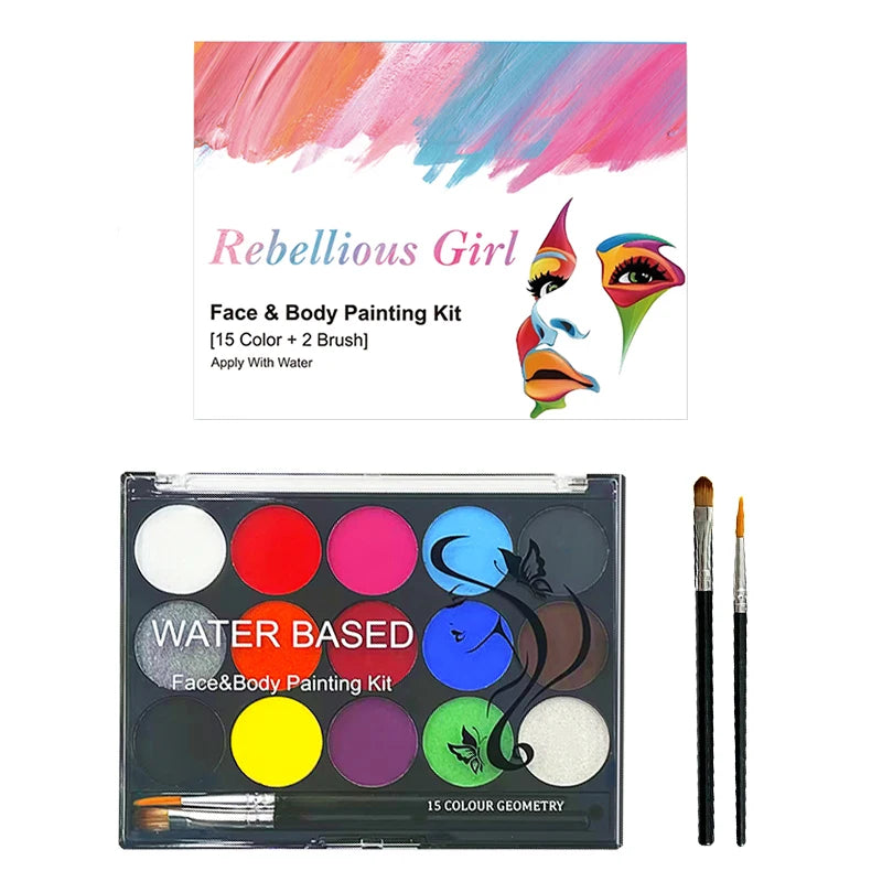 15 Color Non-Toxic Water Base Face Body Paint Kit with Brush Cosplay Makeup Body Painting Supplies