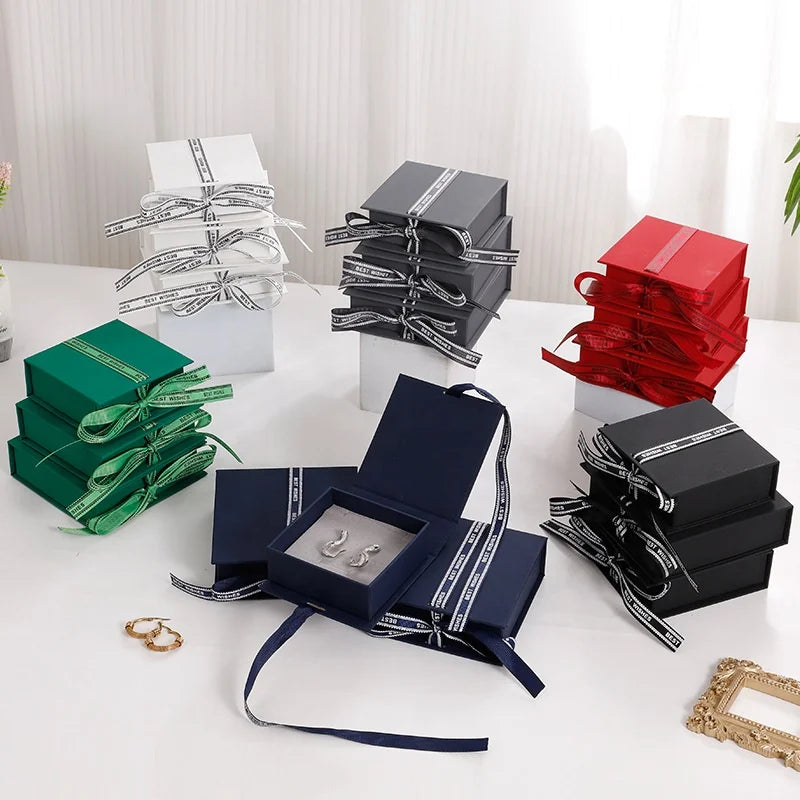 9.5x9.1x3.5cm Flip Gray Foam Jewelry Gift Box Elegant Ribbon Book Necklace Earrings Bracelet Ring Packaging with Premium Style