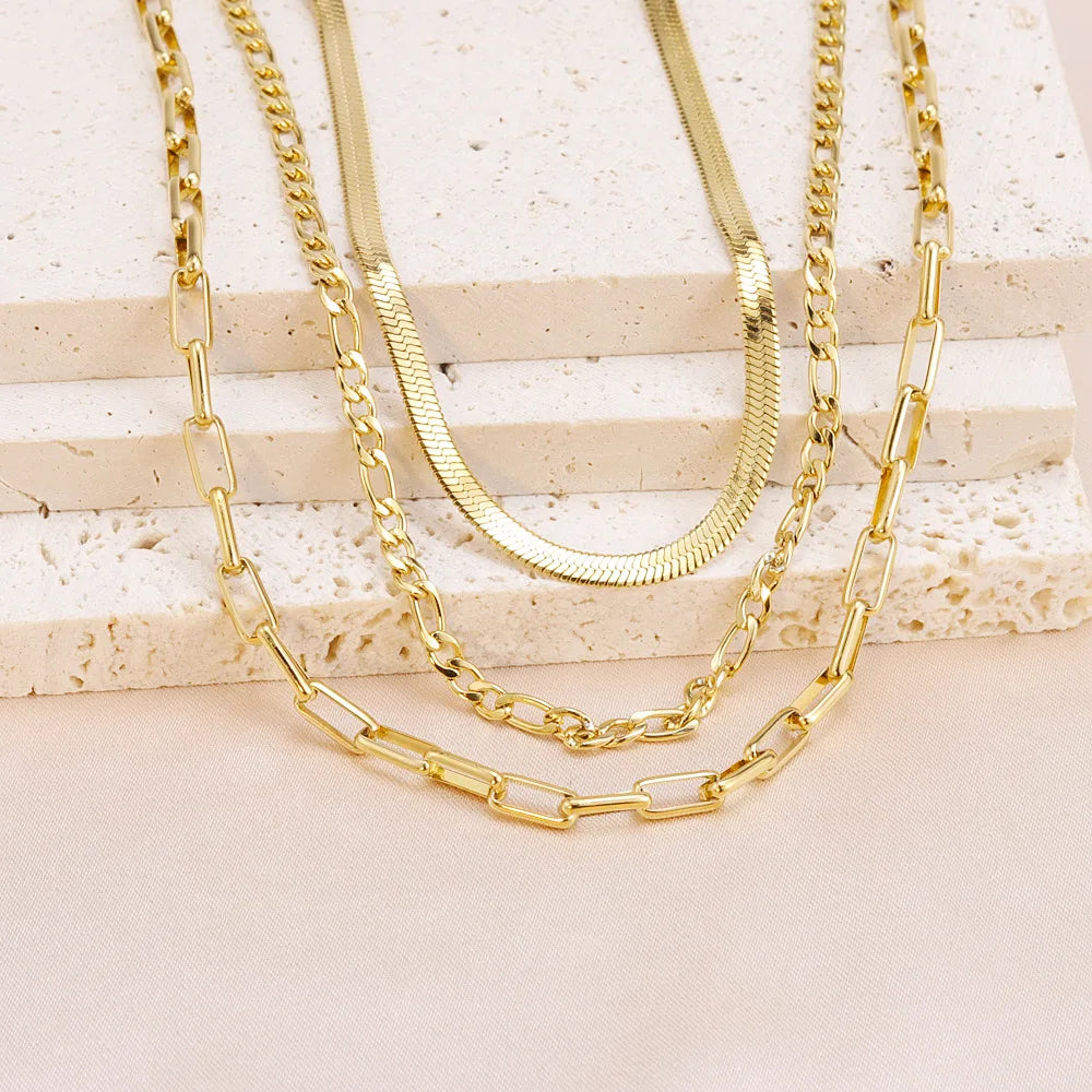 Multilayered 18k Gold Plated Stainless Steel Link Chain Necklaces Sets Rectangle Paper Clip Figaro Chains Choker Necklace YF3294