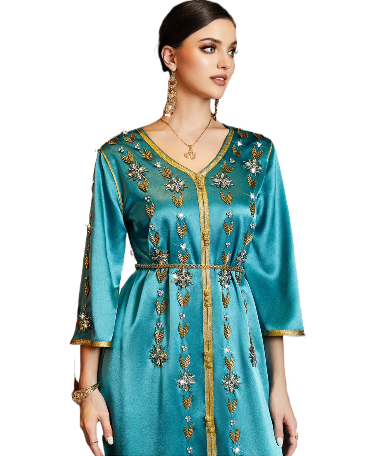 SH0063 Gold Embroidery V Neck Long Sleeve Arab Ladies Dress Luxury Diamond Middle East Party Robe Islamic Muslim Hot Selling