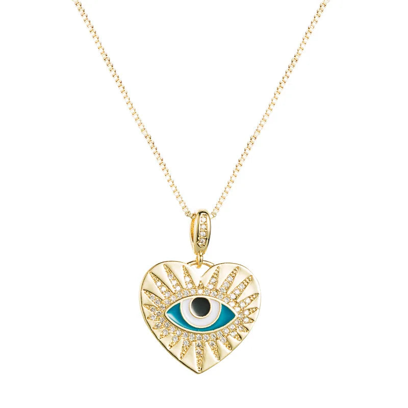 Dainty Enamel Evileyes Necklace Copper 18k Gold Plated Personalized Heart Evil Eyes Charm Necklace for Gifts