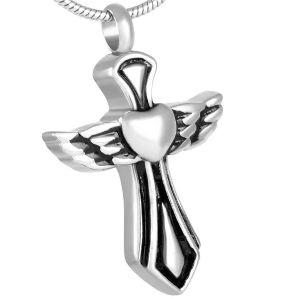 Heart wings Cross Urn Stainless Steel Cremation Cross Memorial Pendant Ashes Holder Keepsake Necklace Flying Locket Celtic