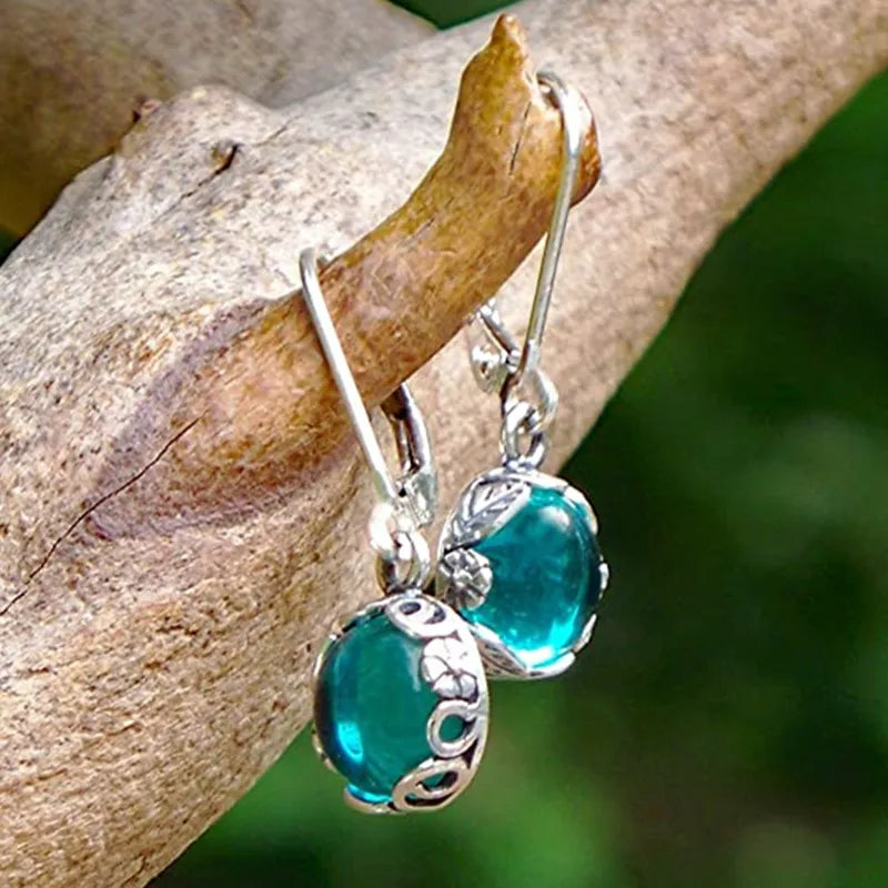 CAOSHI Noble Ethnic Oval Sea Blue Brincos Pure Zircon Earrings for Women Ancient Silver Plated Vintage Drop Earrings