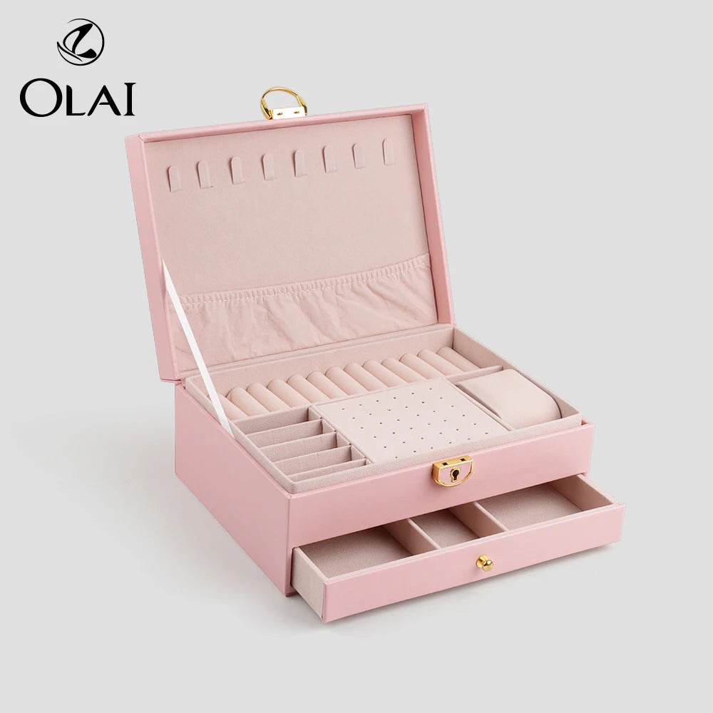 Vintage 2 Layers Large Capacity PU Leather Jewelry Organizer Storage Case with Drawers Display