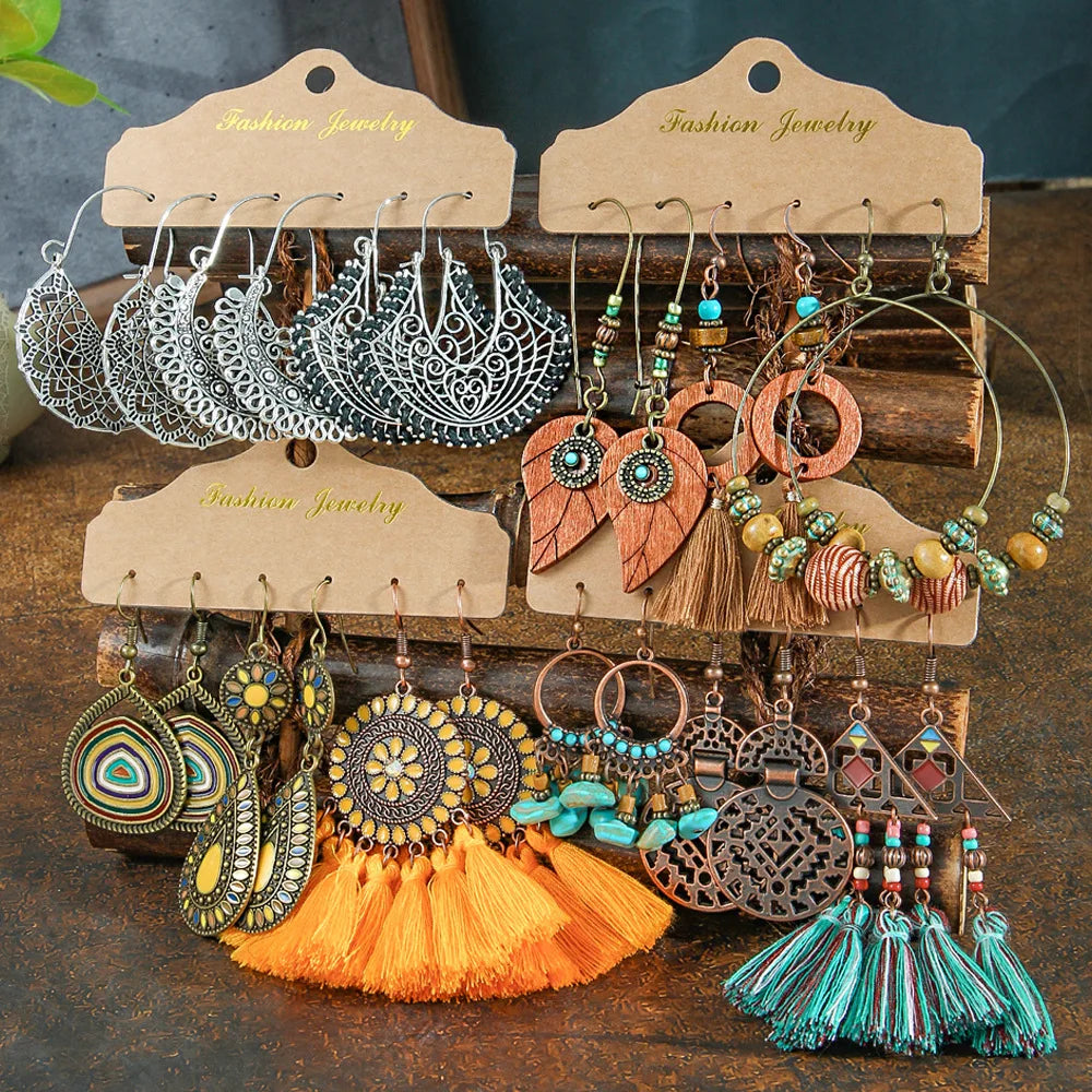 Bohemian Baroque Water Drop Tassel Pendant Women Large Statement Vintage Boho Earring Set Jewelry for Women