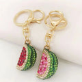 Summer Fashion Gold 3D Fruit Watermelon Key Chain Holder Shiny Rhinestone Crystal Watermelon Car Keychain for Gift
