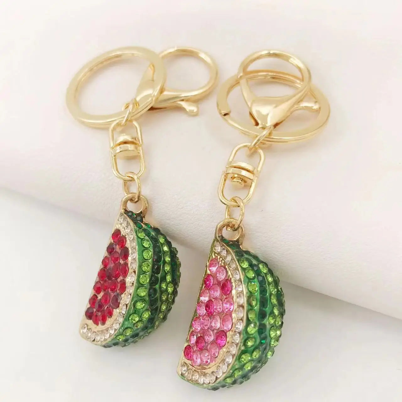 Summer Fashion Gold 3D Fruit Watermelon Key Chain Holder Shiny Rhinestone Crystal Watermelon Car Keychain for Gift