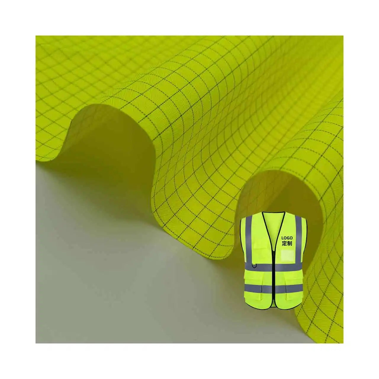 Fluorescent Yellow High Visibility Fireproof Ripstop Conductive Wire 300D PU Coated Anti Static Fabric Workwear Uniform