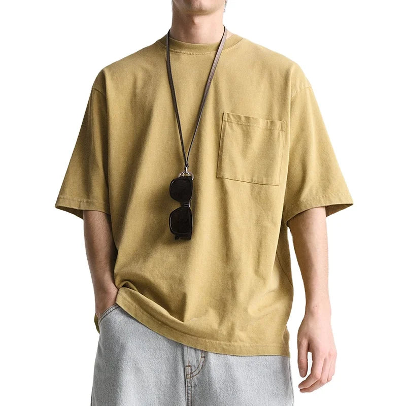 100% Cotton Men's Regular Fit Solid Short Sleeve Eco-Friendly Breathable 300g Luxury Quality Blank Drop Shoulder O-neck Pocket
