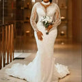 S8230F 2026 Customize Luxury High Illusion Neck Beaded Heavy Crystals Long Sleeves Bridal Fish Tail Women Mermaid Wedding Dress