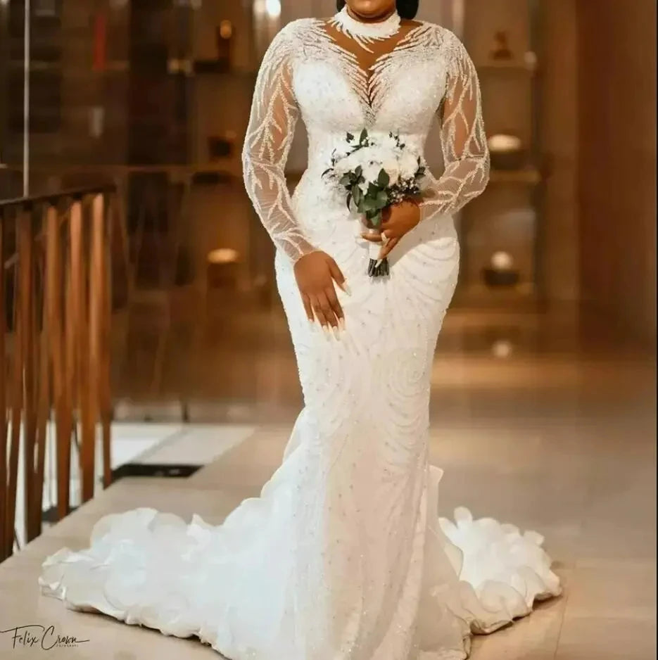 S8230F 2026 Customize Luxury High Illusion Neck Beaded Heavy Crystals Long Sleeves Bridal Fish Tail Women Mermaid Wedding Dress