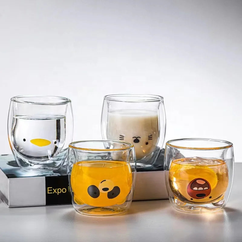 Kids Cute Duck Cat Coffee Mugs Double Wall Insulated Glass Espresso Cup for Gift