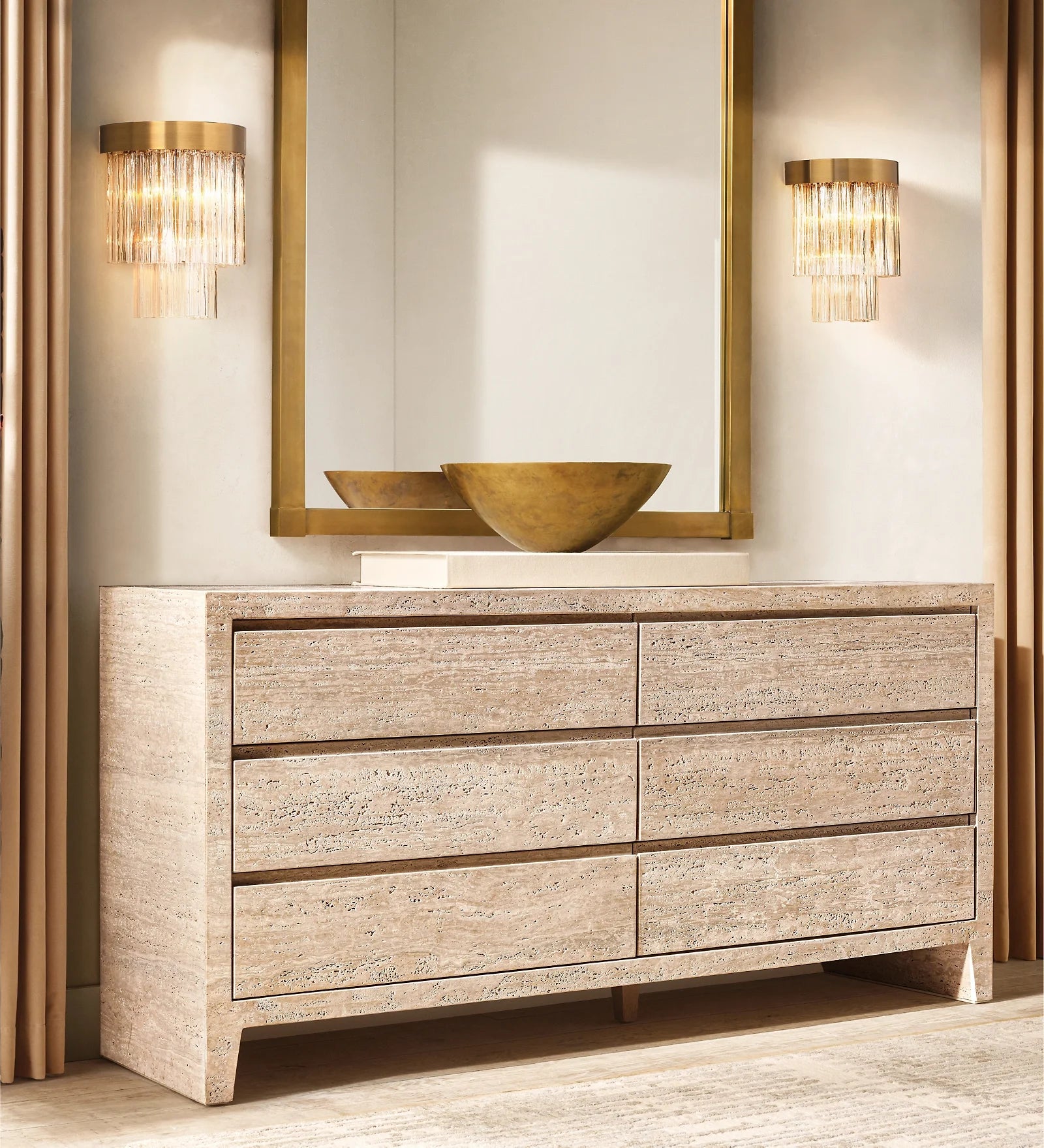 Luxury Sideboards Dining Room Furniture Side Cabinet 6 Drawers Travertine Sideboards