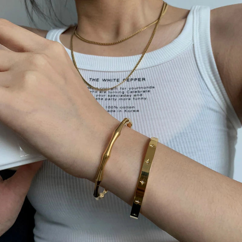 Non Tarnish Chunky Bamboo Stainless Steel Bangle Waterproof 18K Gold Plated Bangles Women Plain Minimalist Vintage Jewelry 2025