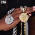 DE Big Size Bling Gold Silver Big Lion Shape Pendant With Men 12mm Prong CZ Cuban Chain Necklace Sets