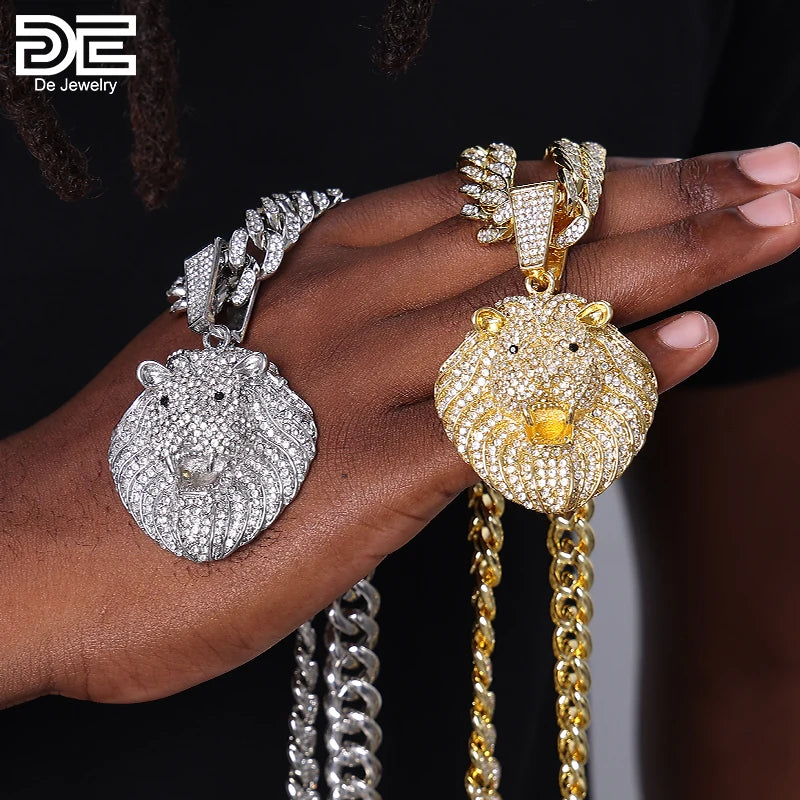 DE Big Size Bling Gold Silver Big Lion Shape Pendant With Men 12mm Prong CZ Cuban Chain Necklace Sets