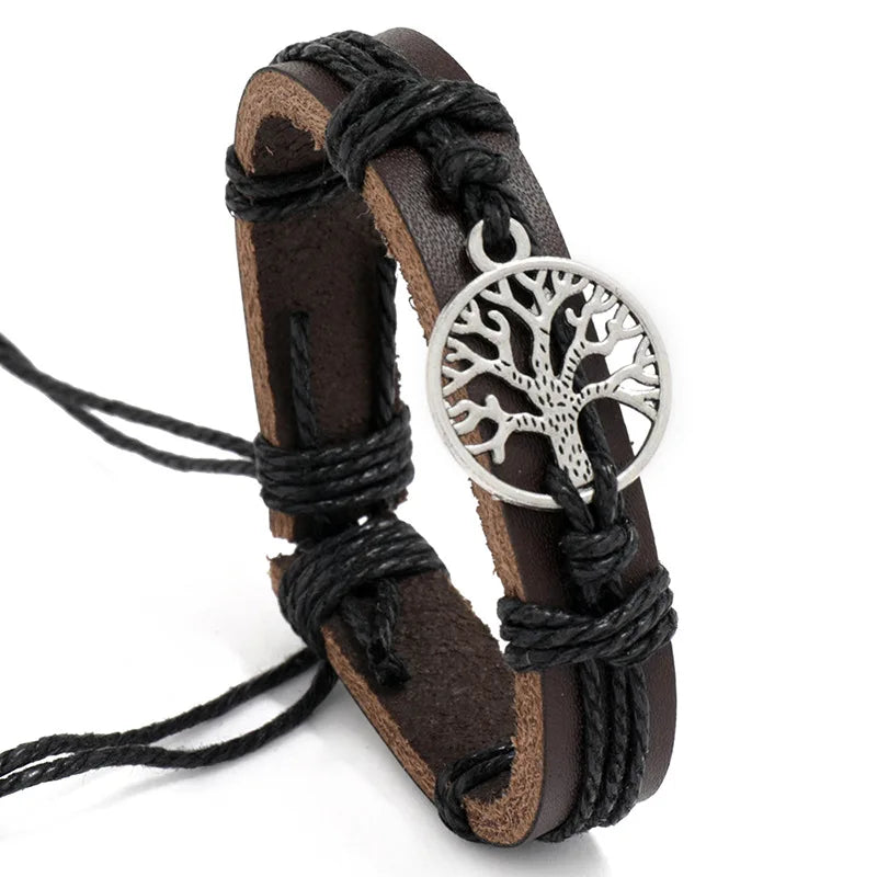 Hot Selling Handmade Vintage Beaded Bracelets for Men Genuine Leather Bangle with Life Tree Charm for Gift