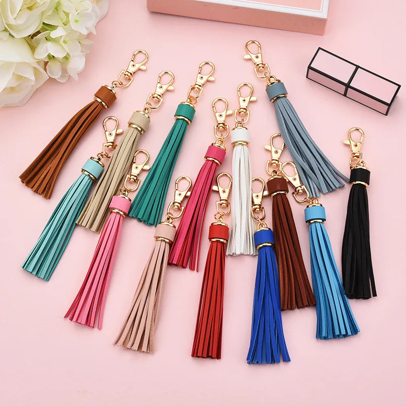 Long Leather Fringe Tassel Monogram Keychains for Women Bag Accessories Gift + Gold Clasp