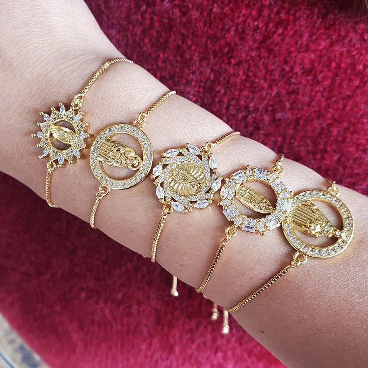 BC1300 Dainty Trendy 18k Gold Plated CZ Paved Blessed Mother Virgin Mary Adjustable Bracelets