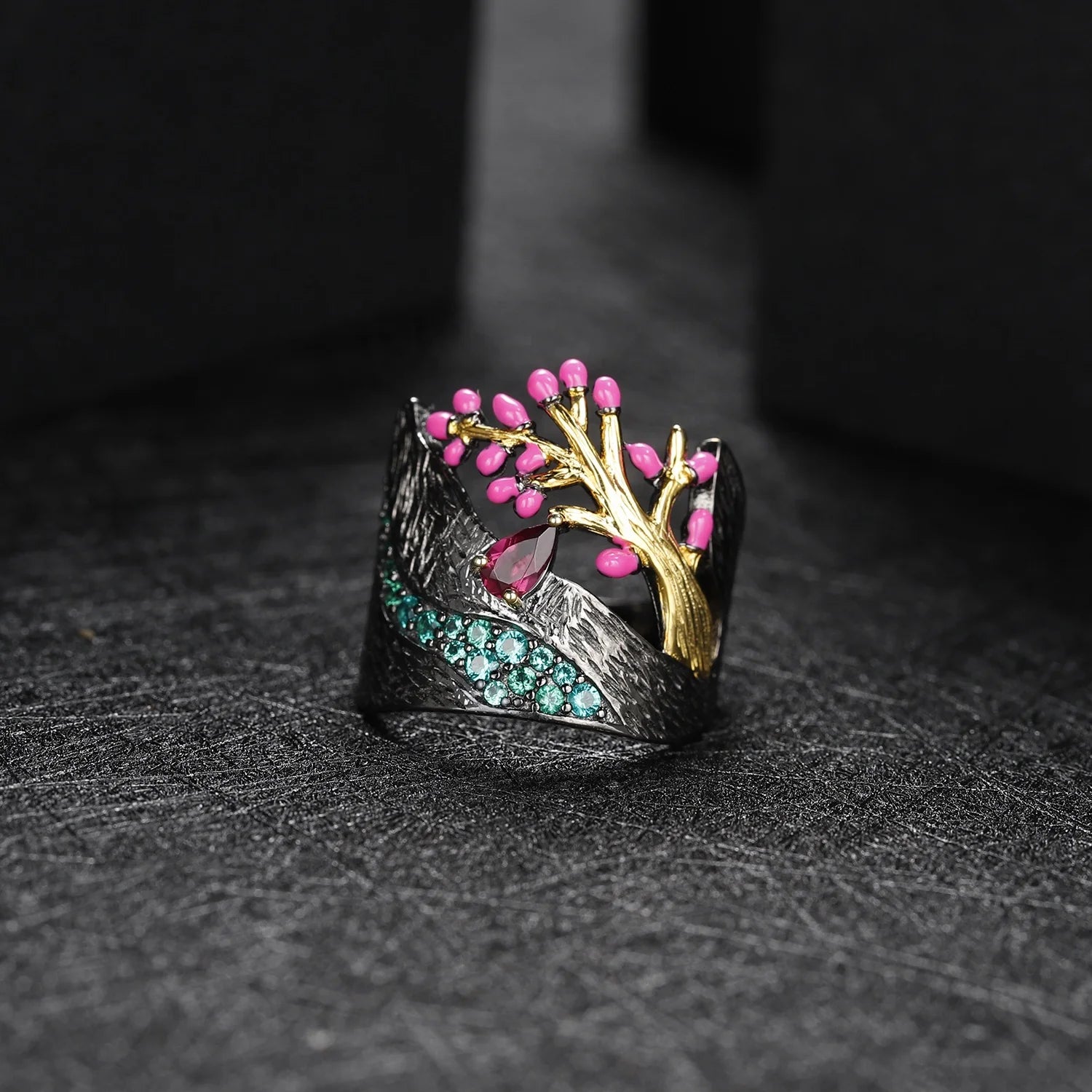 C7920 Abiding Custom Enamel Peach Tree Flower Bud 925 Silver Rings with Natural Rhodolite Garnet Gemstone