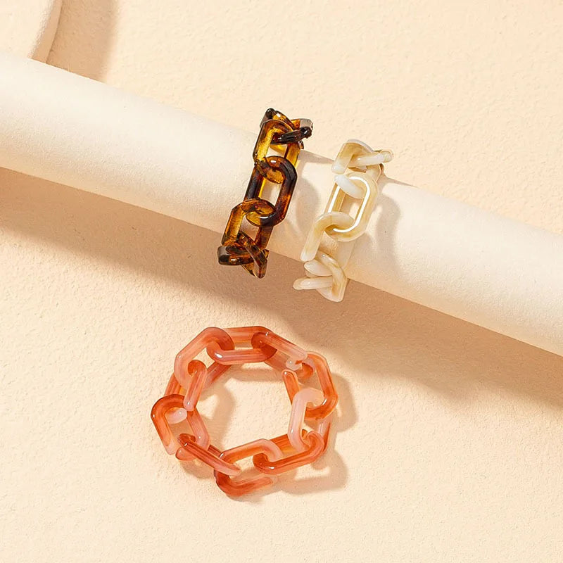 New Arrival 3Pcs/Set Link Chain Resin Acrylic Ring Adjustable Leopard Printed Finger Ring Set