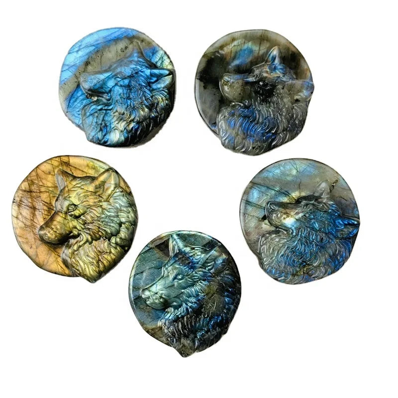 wholesale hand carved healing all kinds gemstone natural quartz labradorite wolf skulls head