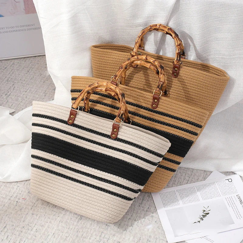 Women's Striped Fashion Casual Tote Bucket Bags with Large Capacity Cotton Rope Open Closure