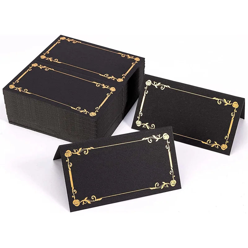 Custom Folding Gold Foil Table Tent Cards Blank Fillable Banquet Seat Card Black Place Card for Wedding Party