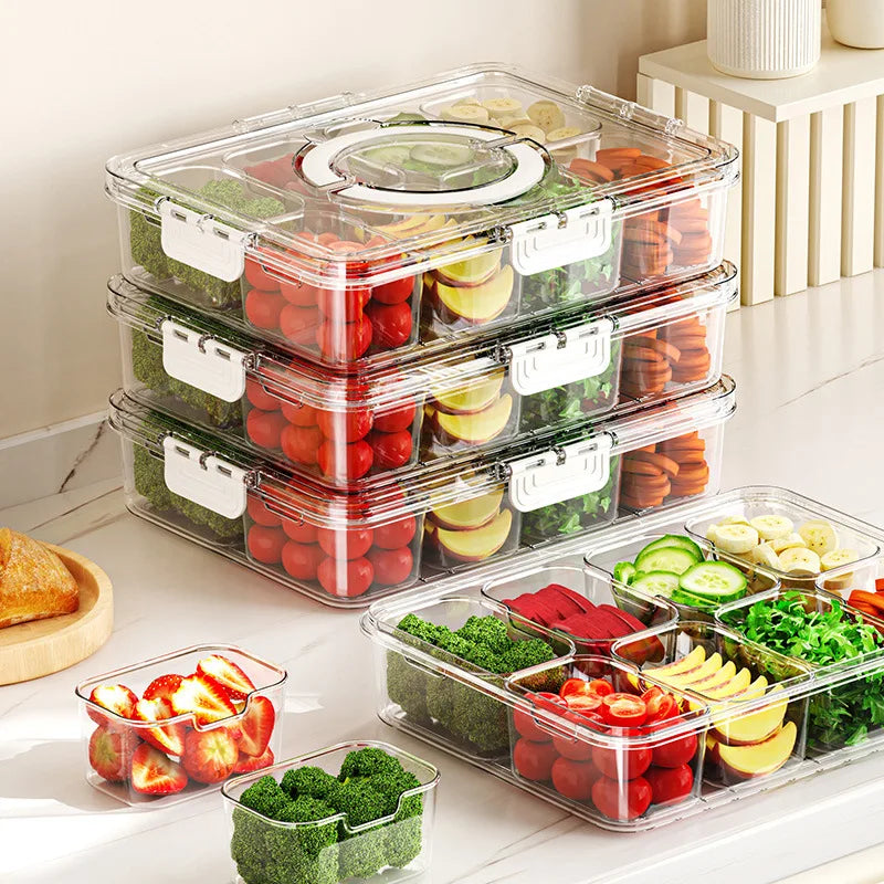 Kitchen Clear Sealed Portable Plastic Spice Container Snack Storage Snackle Divided Serving Veggie Tray Box With Lid and Handle