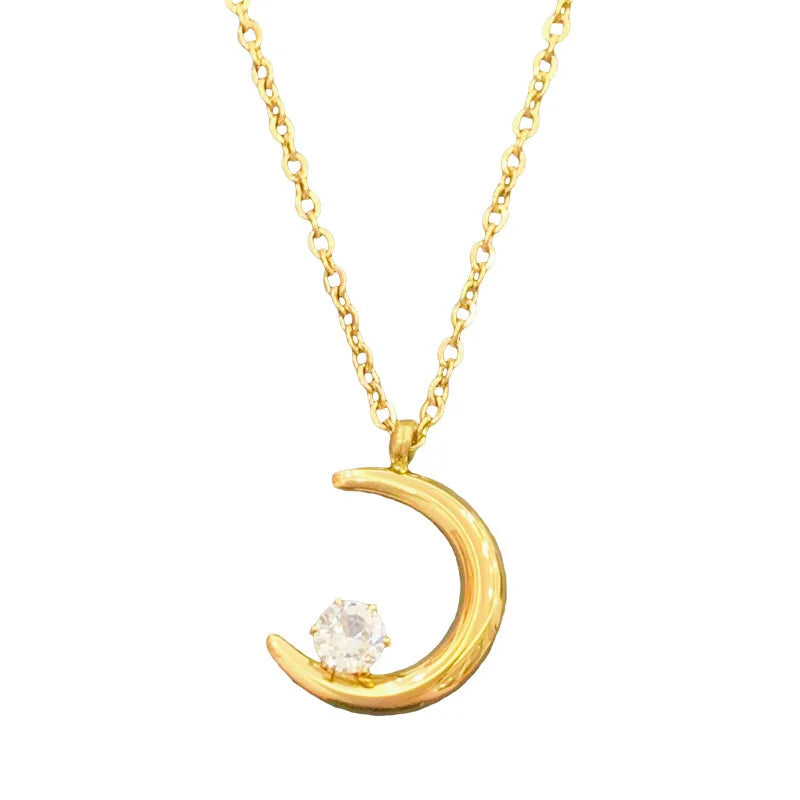 18K Gold Stainless Steel Zirconia Moon Pendant Necklace Water-Proof Stainless Steel with Key Shape Pearl and Gold Plating