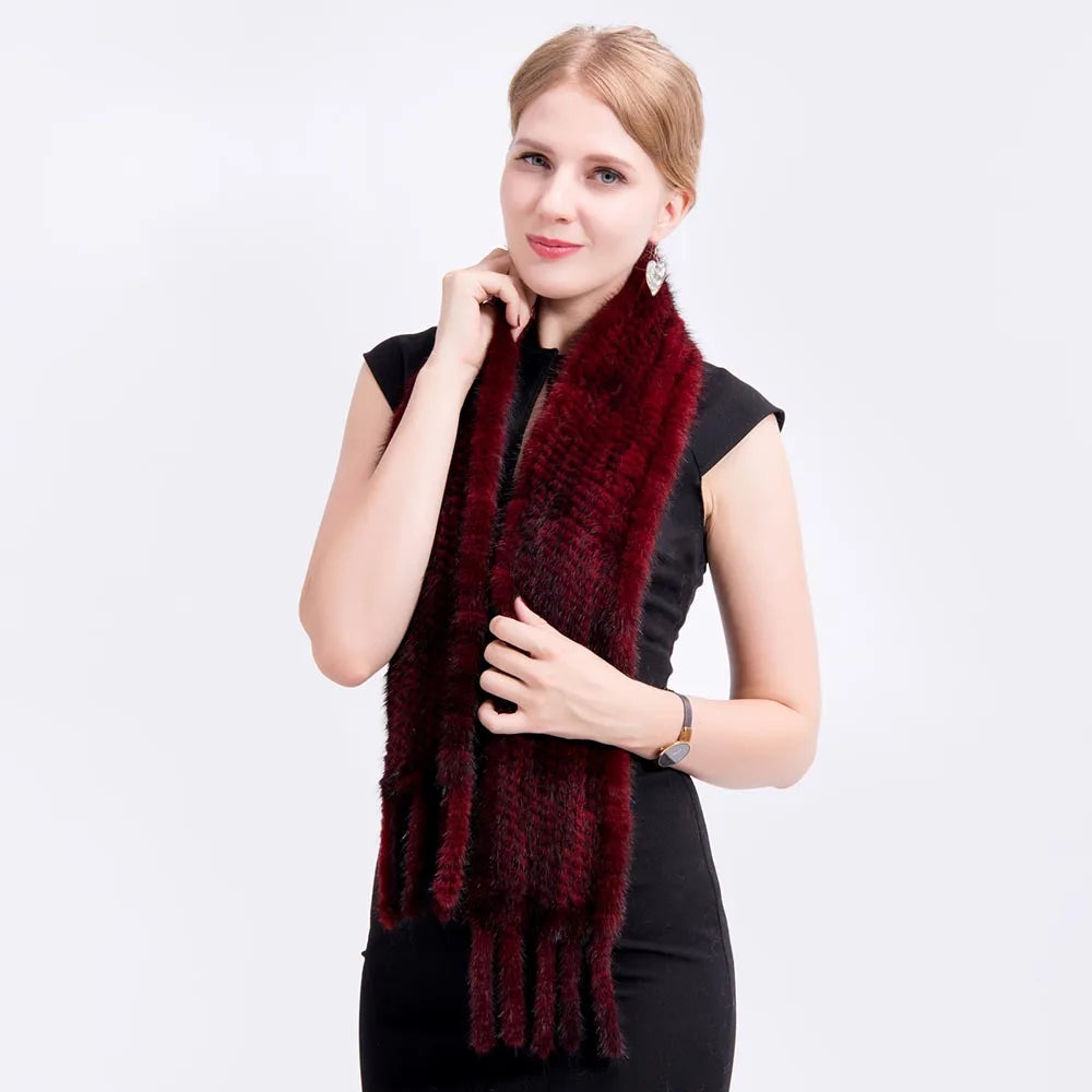 MWFur Luxury Mink Hair Scarves for Winter Street Fashion Fashion Women and Men's Black Knit Mink Fur Scarf with Tassels