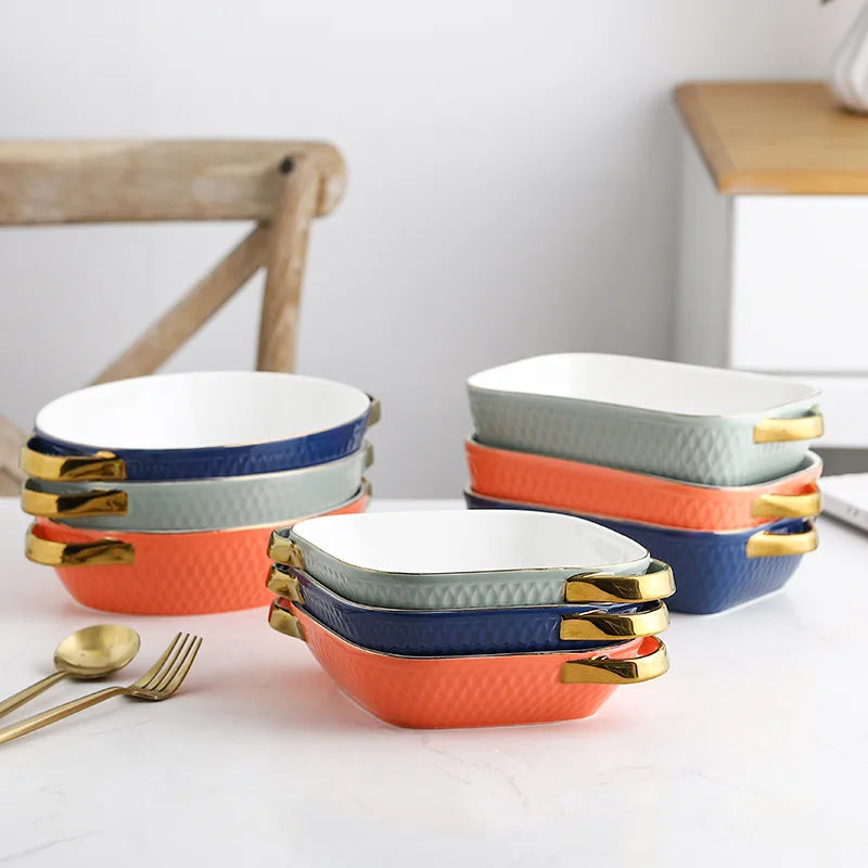 Nordic Double Ear Ceramic Creative Golden Border Cheese  Salad Microwave Oven Bowl Baking Tray Plate
