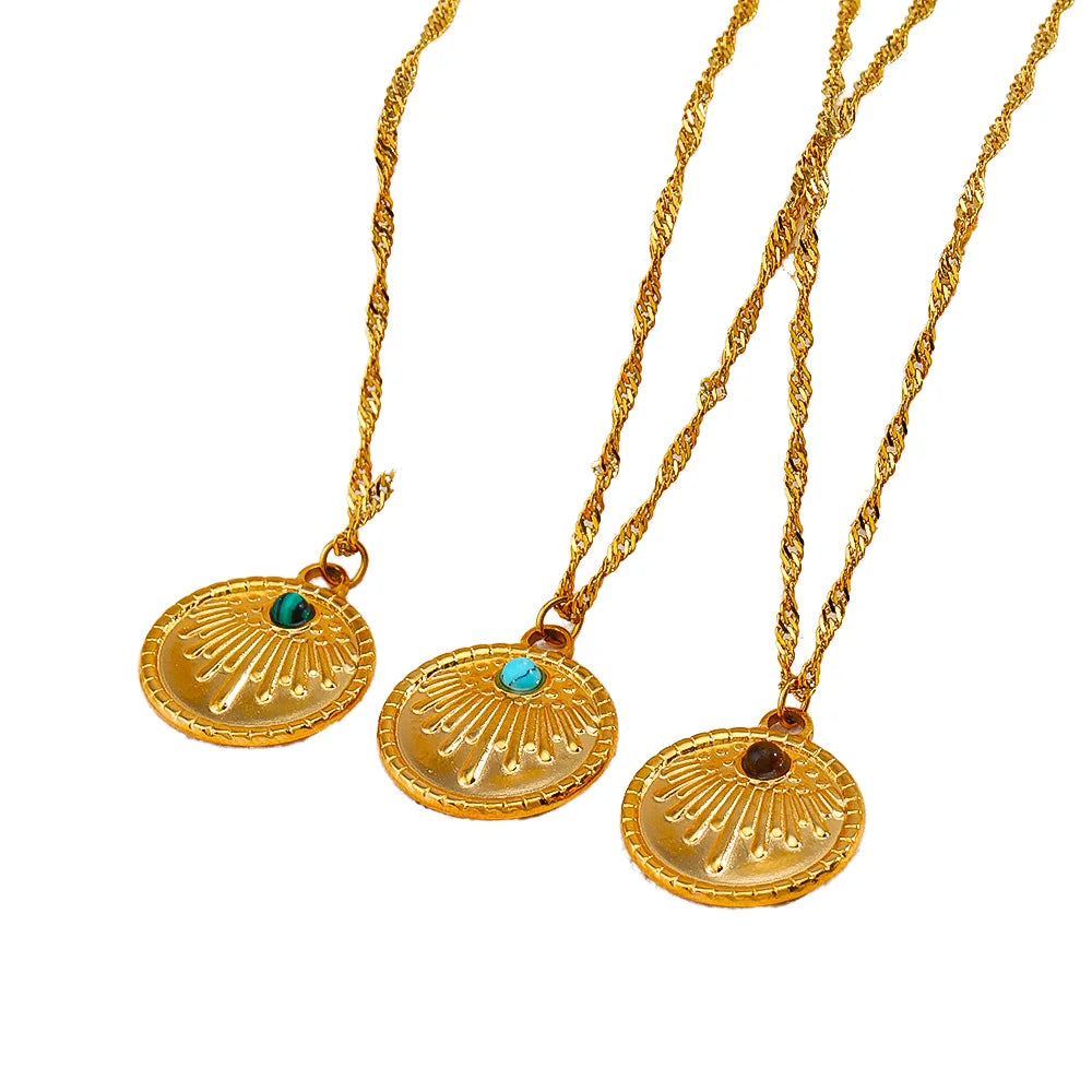Shescity Trendy Gold Plated Stainless Steel Necklace Tigerite Malachite Turquoise Charm Water Wave Chain Pendant Jewelry