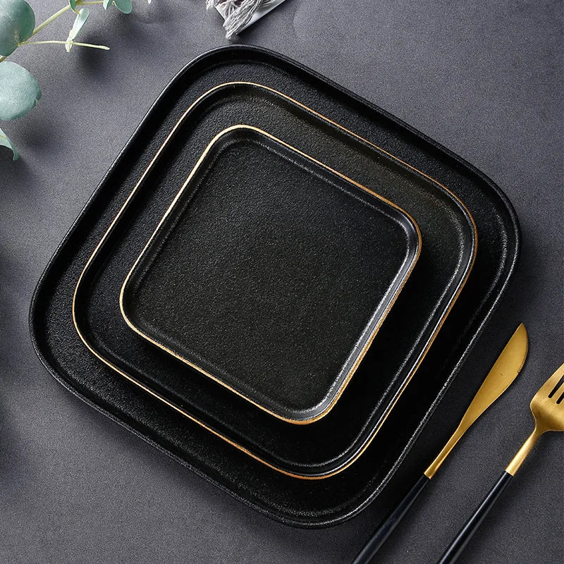 Japanese Ceramic Scrub Square  Black Steak Plate With Gold Rim Sustainable Korean Style Luxury Tableware Sets