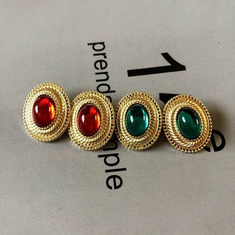 Retro Jewelry 925 Silver Needle Vintage Temperament Oval Green Red Resin Stud Earrings for Women