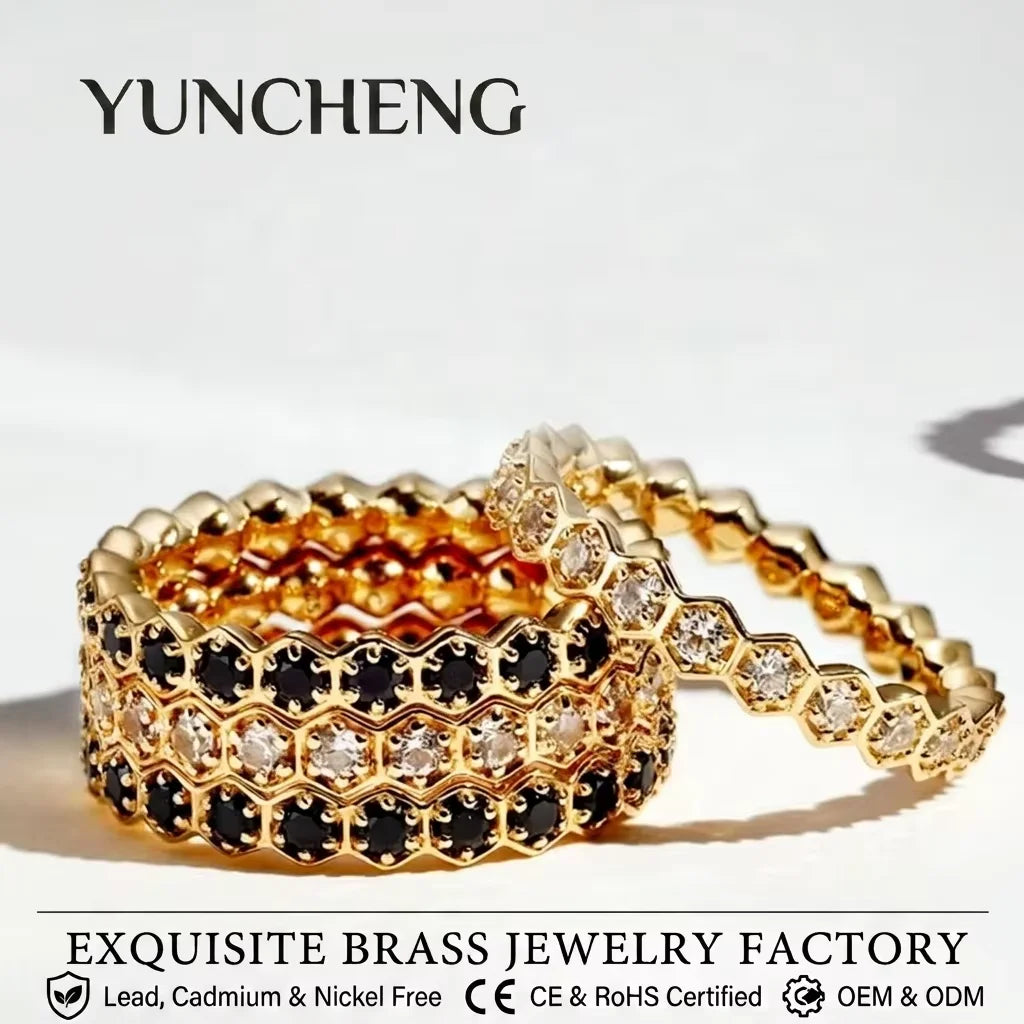 YUNCHENG Wholesale Eternity Ring 18K Gold Plated White Black CZ Diamond for Women Fashionable for Wedding Party Brass Jewelry
