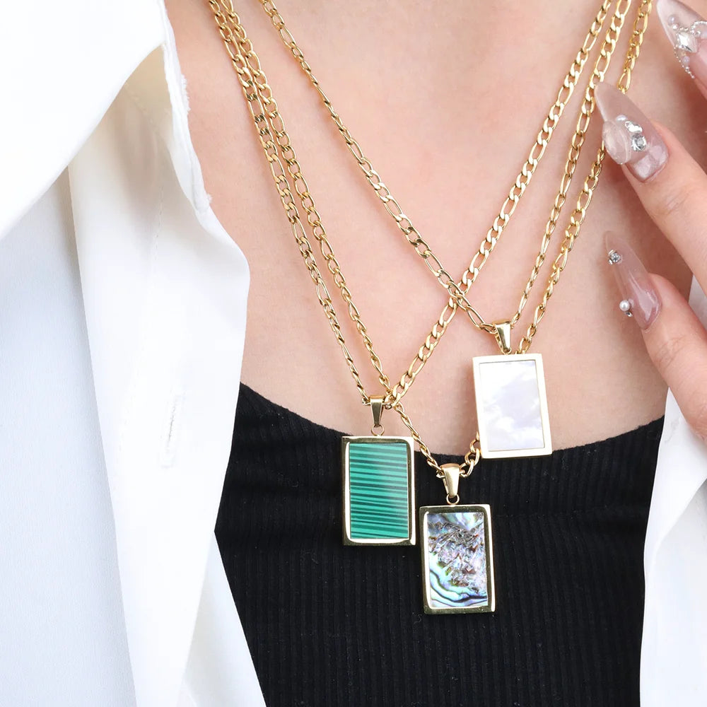 Chris April New Arrivals Autumn and Winter 316l Stainless Steel Gold Plated Mosaic Turquoise Pendant Sweater Chain Necklace
