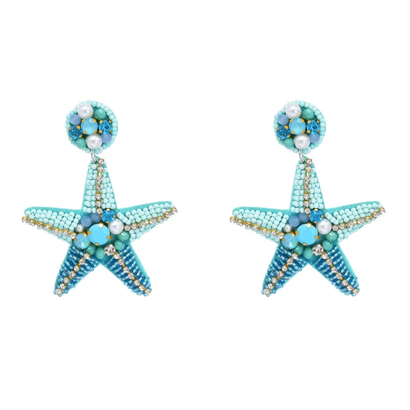 Beach Starfish Dangle Earrings for Women Blue Acrylic Beads Elegant Beach Charms Drop Earrings