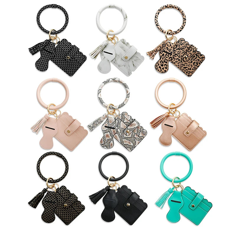 2026 New Design Stock Tassel Leather Keychain Bracelet Wallet Credit Card Holder Wristband Wallet Keychain for Women