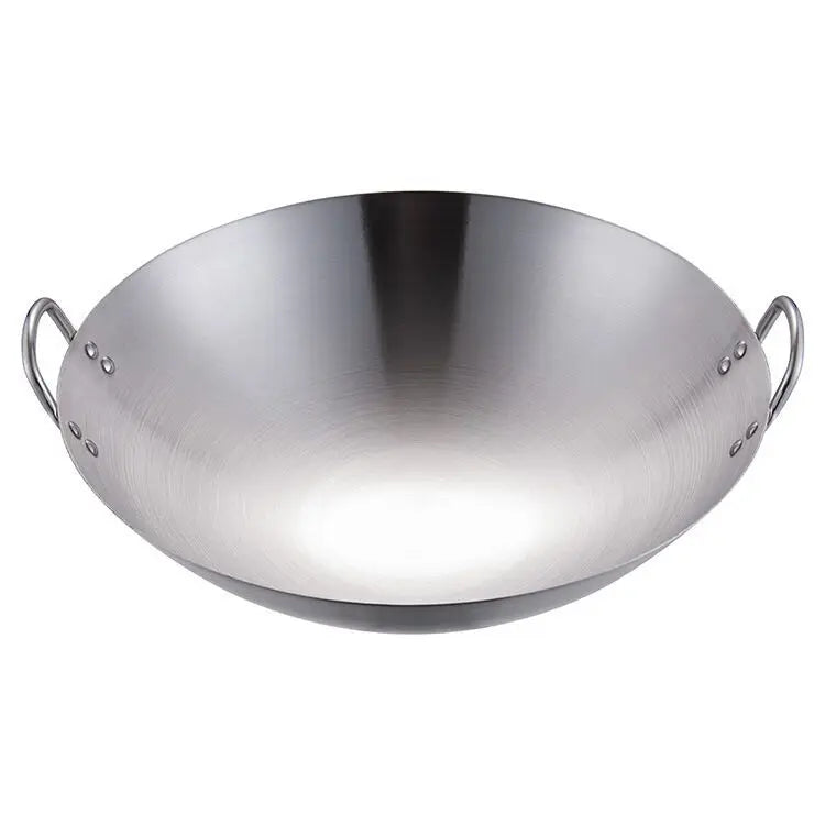 Stainless Steel Frying Pan Double Ears Round Bottom All Steel Pan Kitchen Cauldron