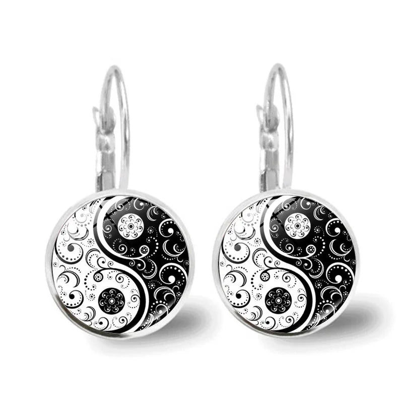 Vintage Hoop Earrings Wholesale Bohemia Style Enamel Taiji Yin Yang Round Glass Cabochon Earings Jewelry Ear Hoop