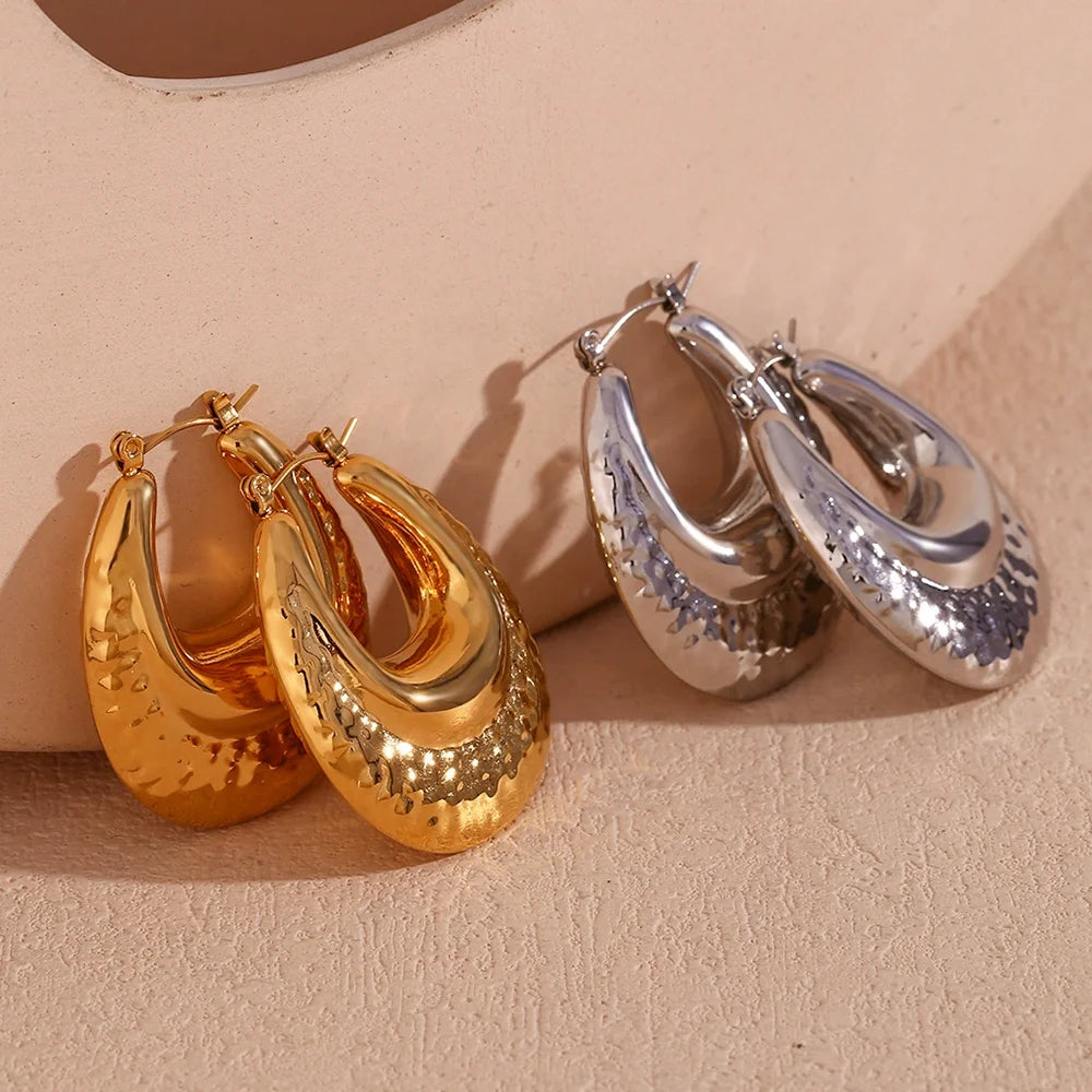 Hollow Double Layer Hoop Earrings Hammered U Shape Gold Plated Earrings Stainless Steel Jewelry Making Supplies