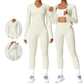 Wholesale Yoke Knitted High Stretch Yoga 2-Piece Set Slimming Fit Long Sleeve Leggings with Zipper & Breathable Neck Crop Top