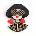Hot Selling FIGURE Series Brown Checkered Short Hair Dry Red Shell Earrings Acrylic Resin Lucite Brooch Women Wedding Party Gift