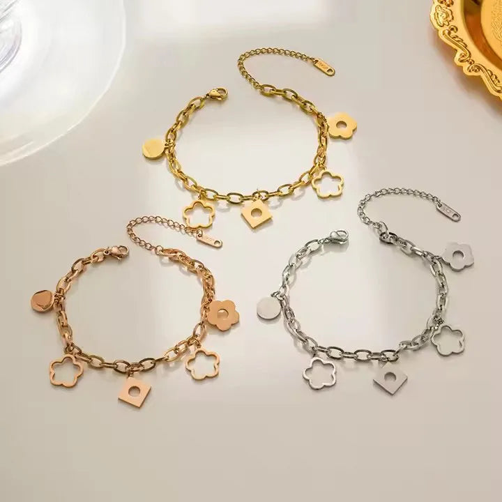 Meetyoo Custom Inoxydable Flower Hollow Design Pendant Stainless Steel 18K Gold Plated Women Fashion Jewelry Chain Bracelet