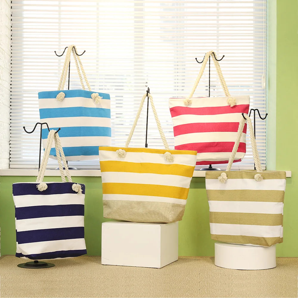 Women's Eco-Friendly Canvas Shoulder Bag Summer New Horizontal Striped Beach Bag with Rope Handles Letter Pattern