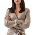 Women's Elegant Mohair Wrap Sweater Soft Knit Cardigan with Waist Tie Hooded Casual Style for Autumn Front Logo
